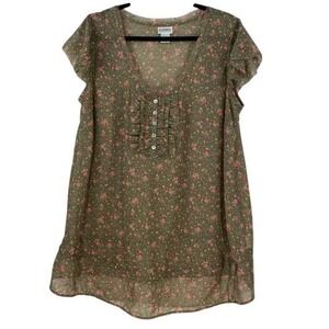 Motherhood Maternity XL Olive Green Floral Ruffle Flutter Sleeve Blouse Top